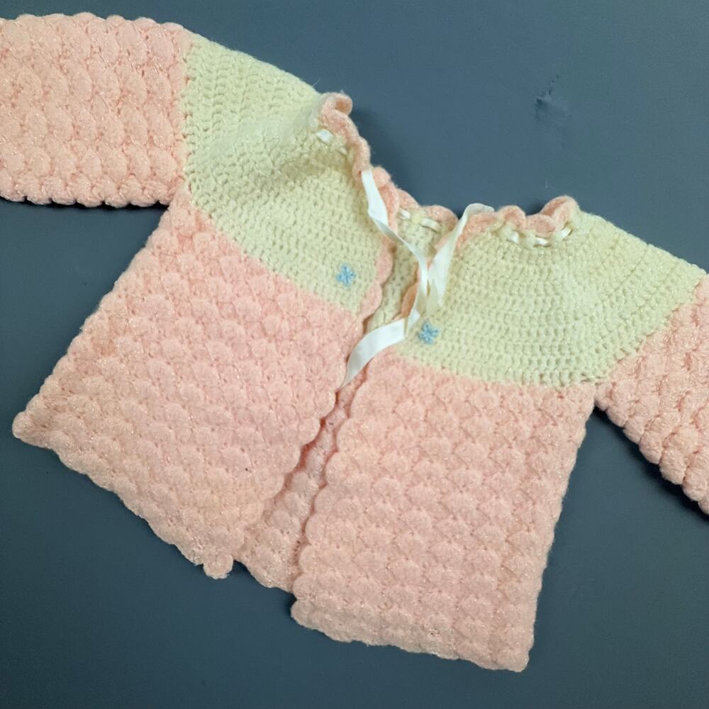 Vintage Hand Crocheted Baby Cardigan Pink White Ribbon Tie Sweater